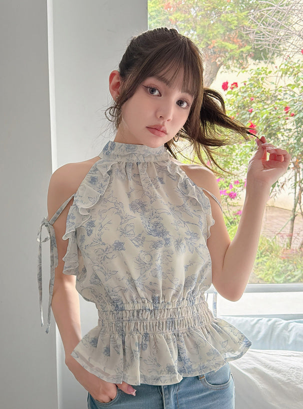 日本直送 [預購] 碎花౨ৎ手袖綁帶雪紡背心
