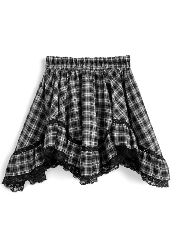 日本直送 [預購] 不規則蕾絲下擺·格仔短裙 (黑 ブラック)