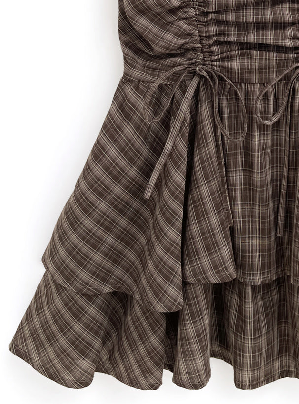 ℍ𝕠𝕥 𝕊𝕒𝕝𝕖 ℂ𝕠𝕞𝕖 𝔹𝕒𝕔𝕜 !! 日本直送 [預購] 格仔·前後抽繩蝴蝶౨ৎ 吊帶裙 (Brown)