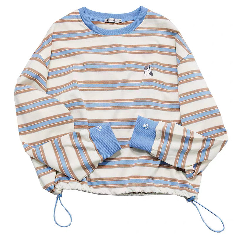 日本直送 [現貨] 貓仔刺繡·間條上衣 (藍 ブルー)