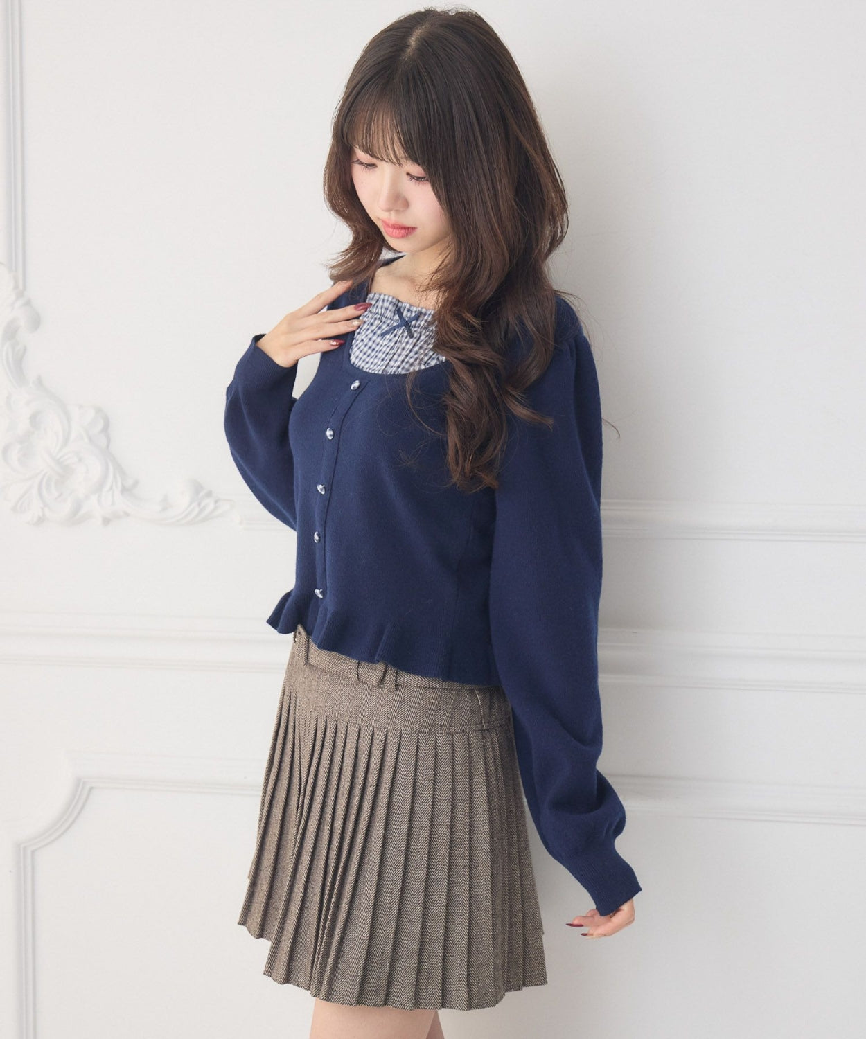 日本直送 [預購] 拼接格仔領口౨ৎ針織上衣 (ダークブルー 深藍)