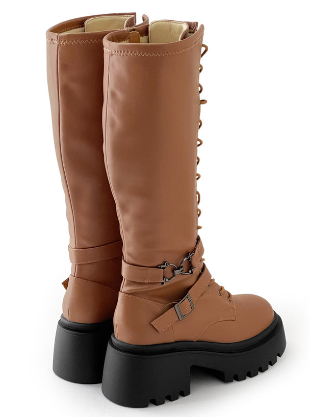 日本直送 [預購] 綁繩·8 CM厚底PU皮長靴 ◍ 3 色入