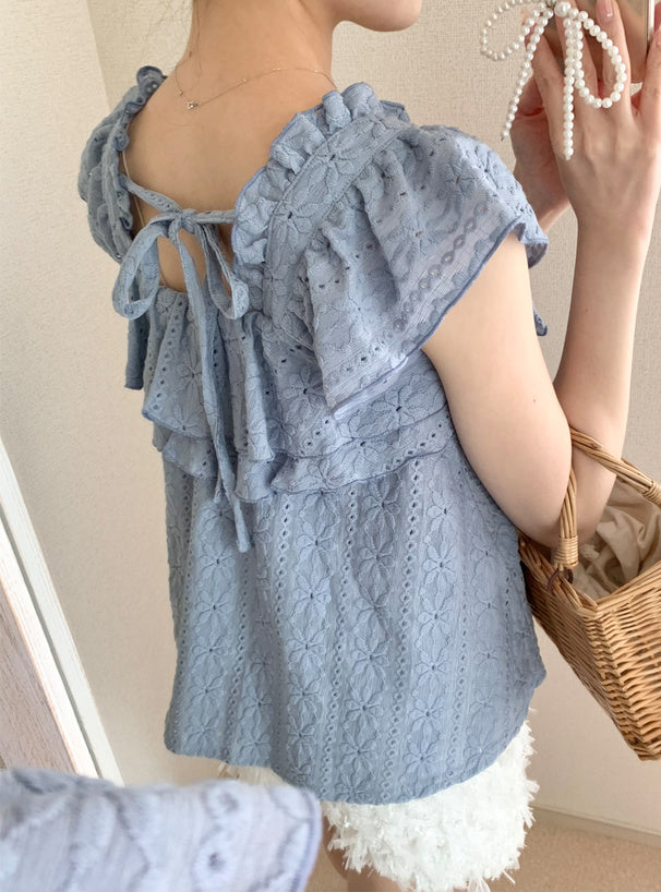 日本直送 [預購 - 日本7月下旬發貨] 花花壓花·Ruffle邊上衣 ◍ 2色入