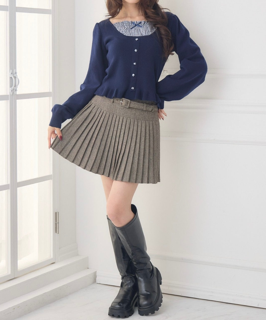 日本直送 [預購] 拼接格仔領口౨ৎ針織上衣 (ダークブルー 深藍)
