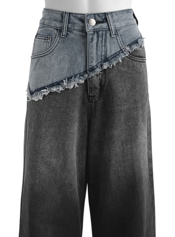 日本直送 [現貨] 拼色流蘇➕漸變色牛仔寬腳褲 (藍拼黑)