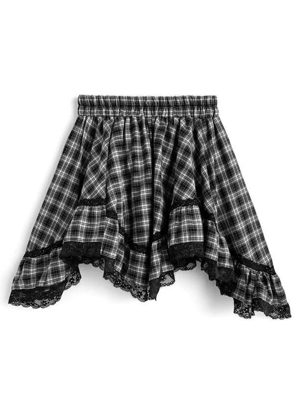 日本直送 [預購] 不規則蕾絲下擺·格仔短裙 (黑 ブラック)