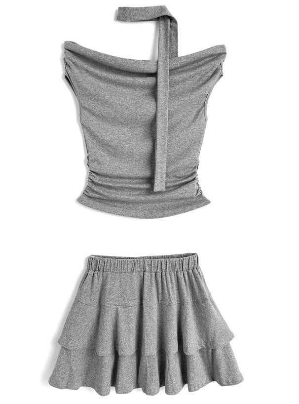 日本直送 [預購] 一套2件 ⇉ 露肩上衣連choker➕Ruffle短裙 ◍ 2色入