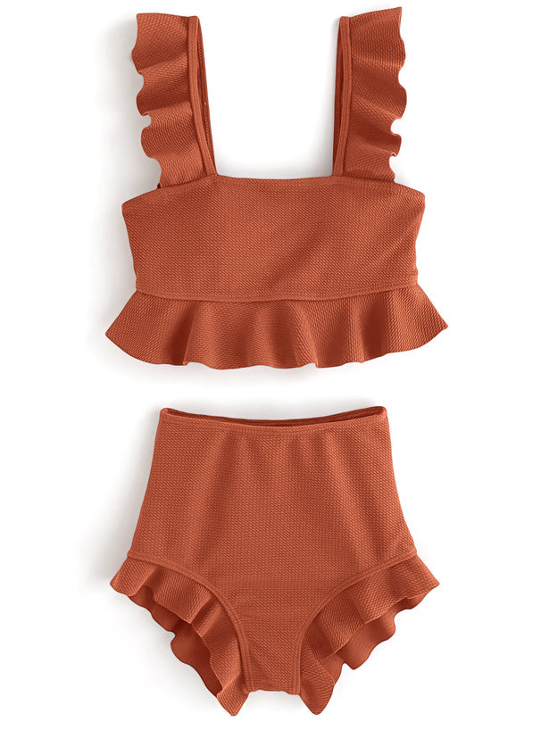 日本直送 [預購] 日本水著·一套2件 ⇉ 荷葉邊上衣➕高腰泳褲 ◍ 2色入