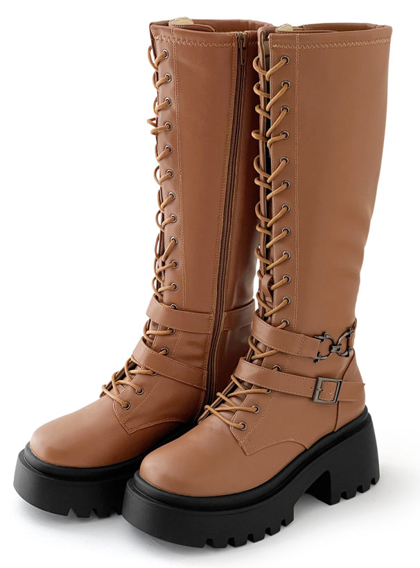 日本直送 [預購] 綁繩·8 CM厚底PU皮長靴 ◍ 3 色入