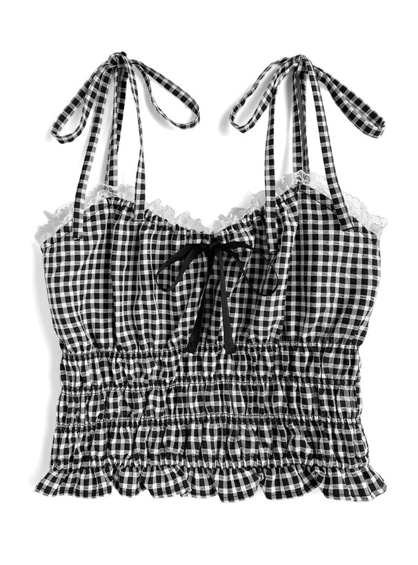 日本直送 [預購] 蝴蝶領口౨ৎ 格仔lace邊背心仔 ◍ 4色入
