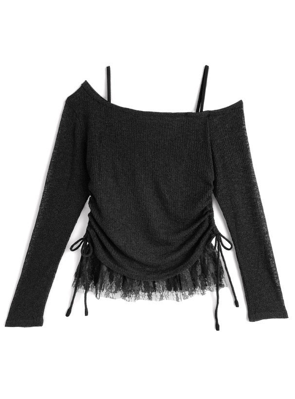 日本直送 [預購 - 日本4月上旬發貨] 一套2件setup ⇉ 側抽繩౨ৎ露肩針織上衣➕蕾絲背心 ◍ 4色入