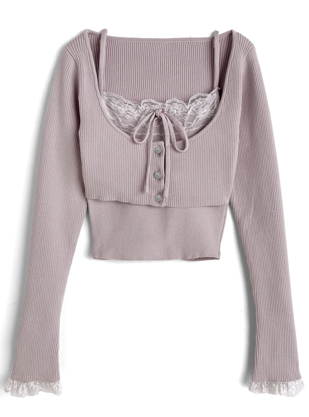 日本直送 [預購] 一套2件setup ⇉ 蕾絲拼接針織背心➕短外套 ◍ 3色入