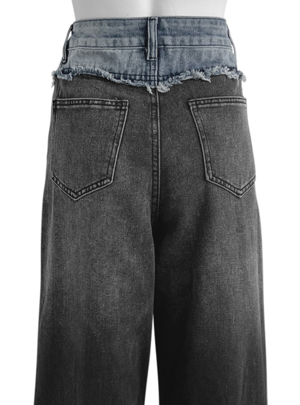 日本直送 [現貨] 拼色流蘇➕漸變色牛仔寬腳褲 (藍拼黑)