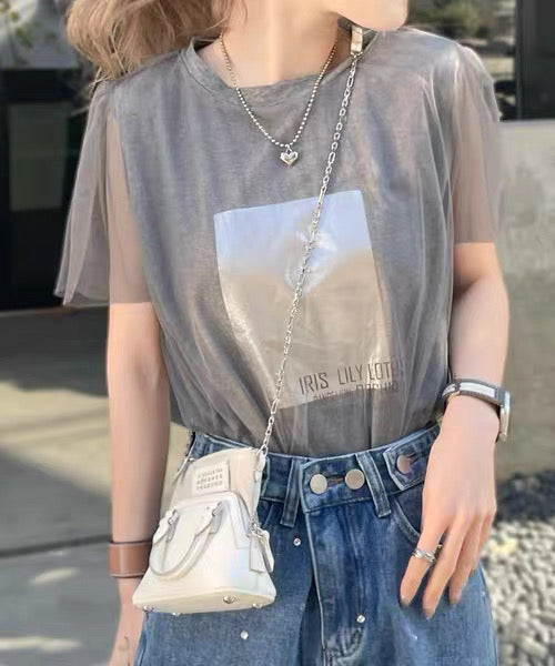 日本直送 [現貨] 扮2件·紗紗拼接棉料上衣 (灰 グレー)