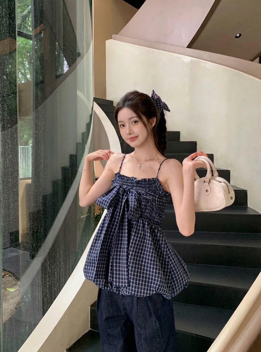 日本直送 [預購] 蝴蝶結綁帶·格仔🎈泡泡背心 ◍ 2色入
