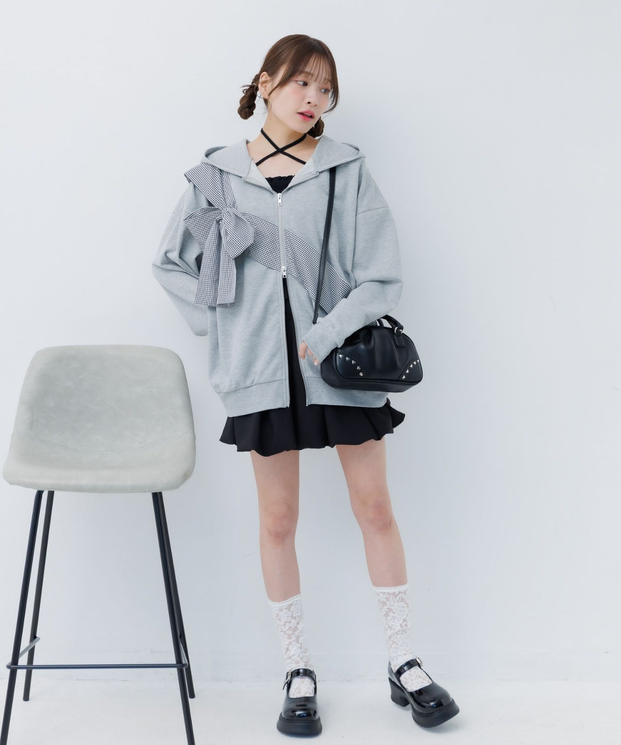 日本直送 [預購] 拼接格仔蝴蝶結 ౨ৎ帶帽外套 ◍ 2色入