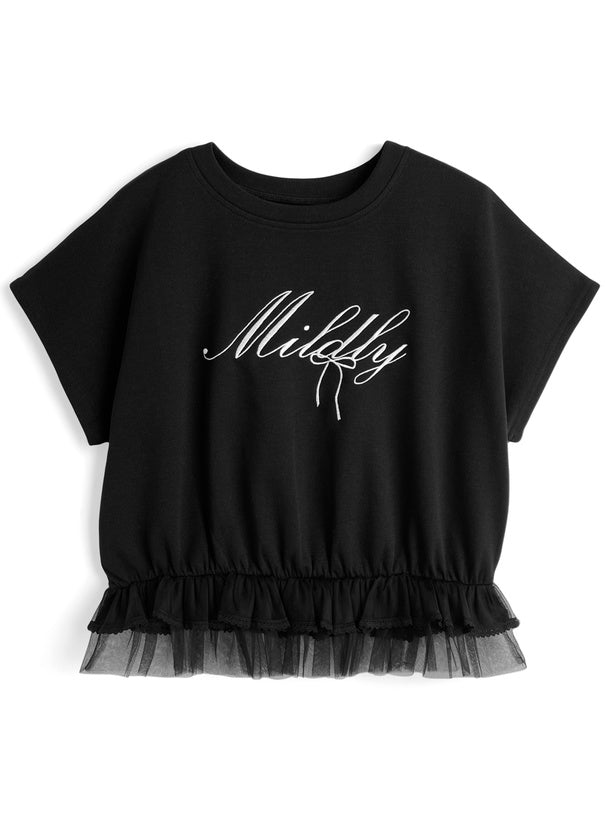 日本直送 [預購] 刺繡౨ৎ文字Logo 紗紗下擺·拼接棉料上衣 ◍ 2色入