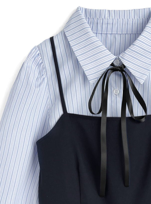 日本直送 [預購] 一套2件setup ⇉ 間條恤衫配౨ৎ蝴碟帶➕吊帶裙 (深藍 ネイビー)