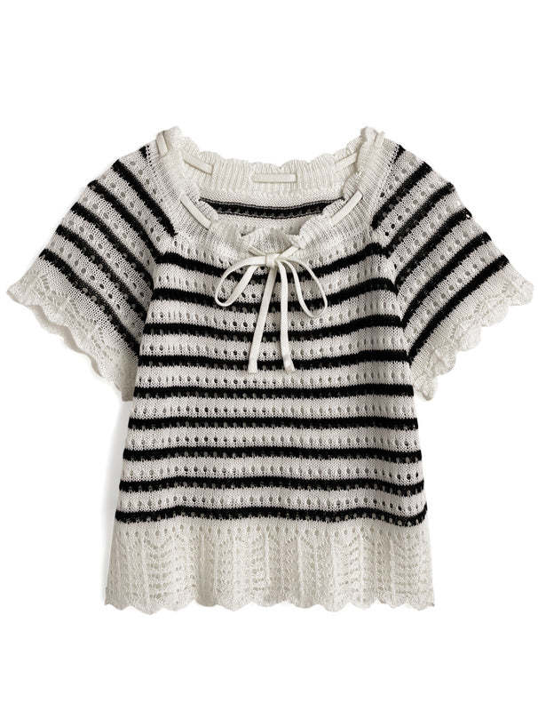日本直送 [預購] 間條鏤空針織配蝴蝶౨ৎ 上衣