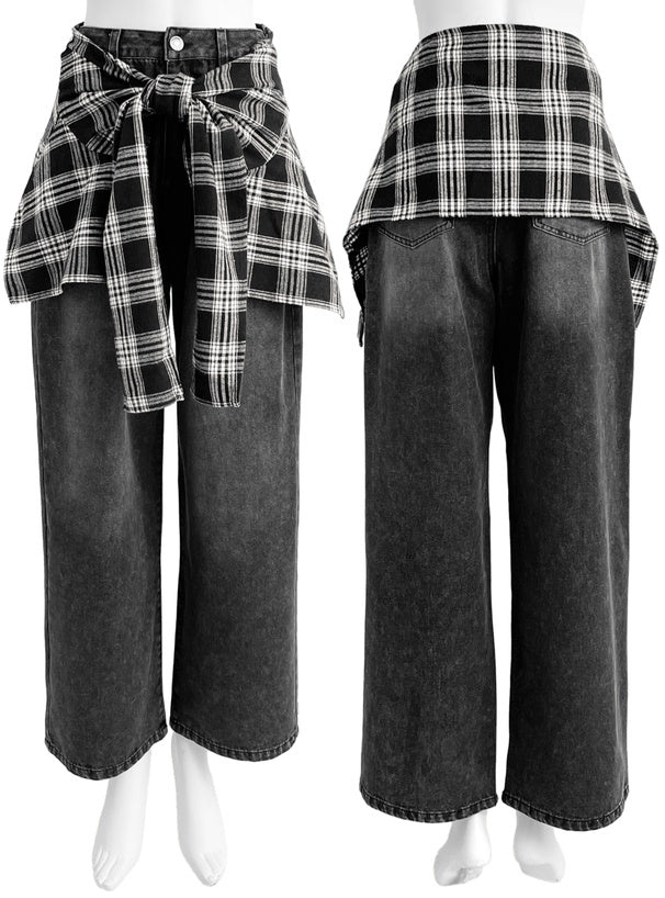 日本直送 [預購] 格仔恤布·拼接牛仔褲 (黑色 ブラック)