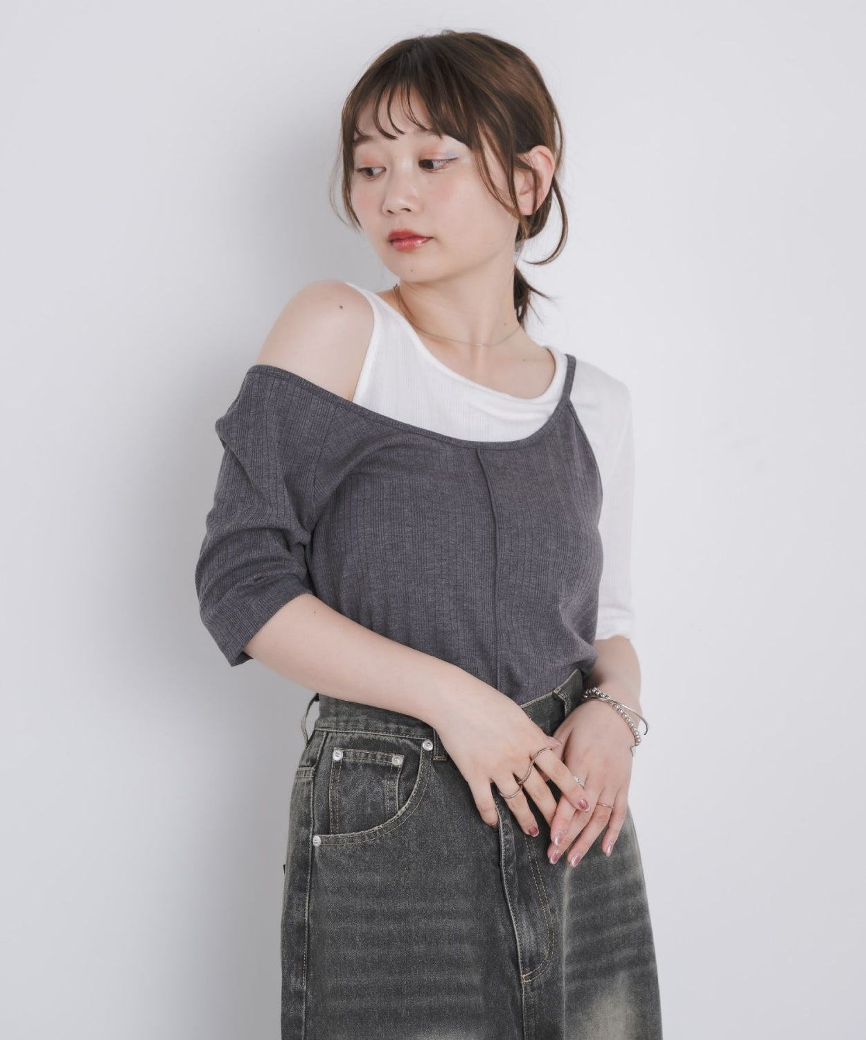 日本直送 [預購] 扮2件·拼接露肩上衣 ◍ 2色入