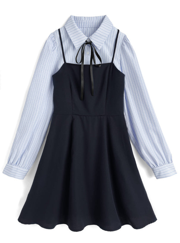 日本直送 [預購] 一套2件setup ⇉ 間條恤衫配౨ৎ蝴碟帶➕吊帶裙 (深藍 ネイビー)