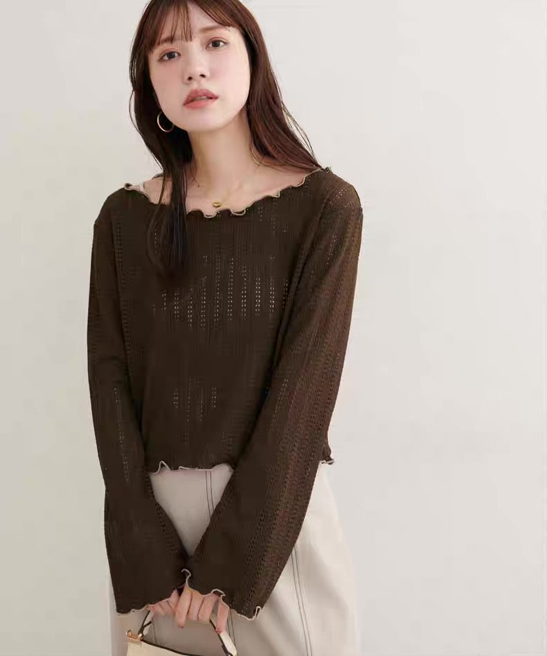 日本直送 [現貨] 拼色木耳邊·鏤空針織上衣 ◍ 2色入