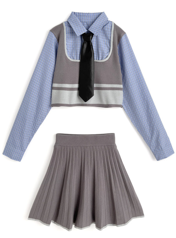 日本直送 [現貨/ 預購] 一套3件 ⇉ 扮2件背心拼接格仔恤衫➕可拆卸領呔➕針織百褶短裙 ◍ 2色入
