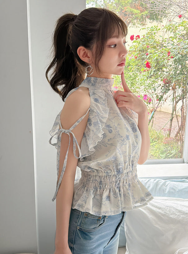 日本直送 [預購] 碎花౨ৎ手袖綁帶雪紡背心