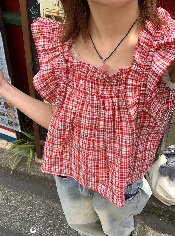 日本直送 [預購] 格仔·荷葉邊肩帶上衣 ◍ 2色入