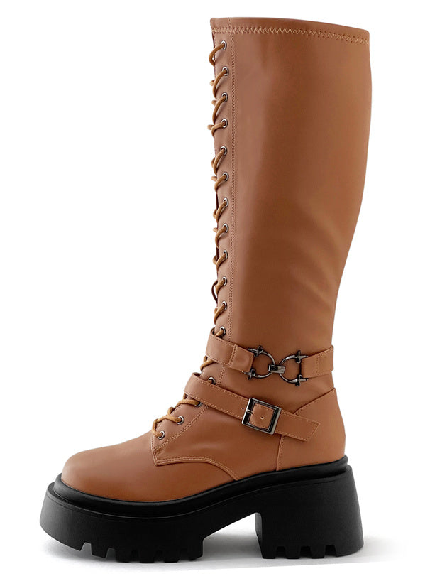 日本直送 [預購] 綁繩·8 CM厚底PU皮長靴 ◍ 3 色入