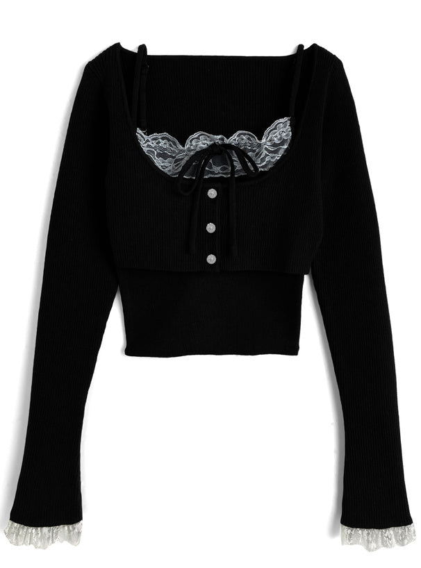 日本直送 [預購] 一套2件setup ⇉ 蕾絲拼接針織背心➕短外套 ◍ 3色入