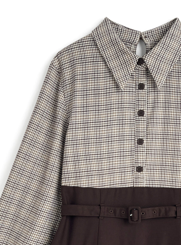 日本直送 [預購] 格仔恤拼接連身裙 (啡 ブラウン)