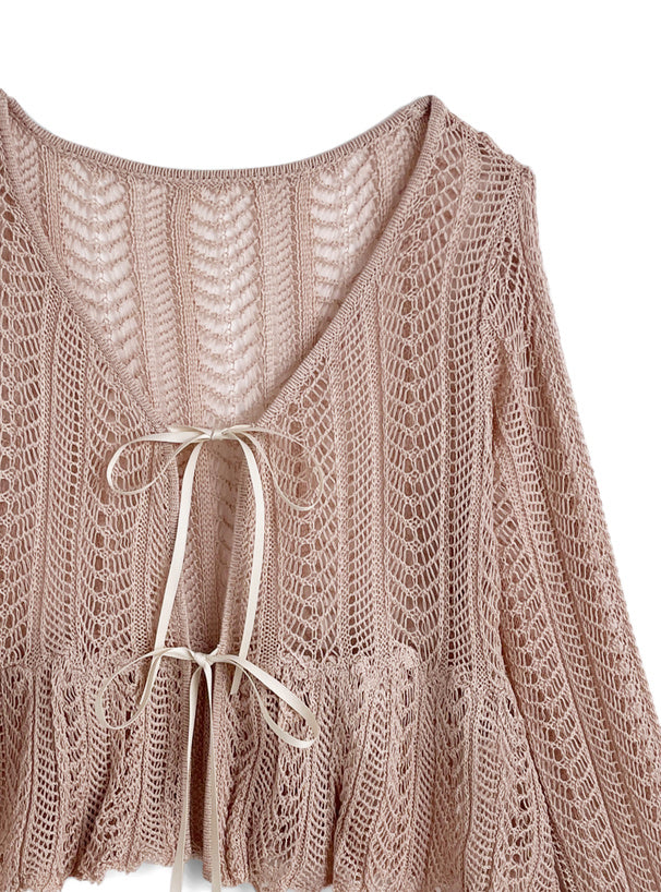 日本直送 [預購] 蝴蝶綁帶౨ৎ鏤空針織外套 ◍ 3色入