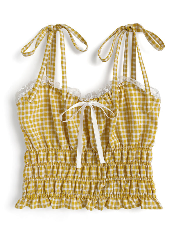 日本直送 [預購] 蝴蝶領口౨ৎ 格仔lace邊背心仔 ◍ 4色入