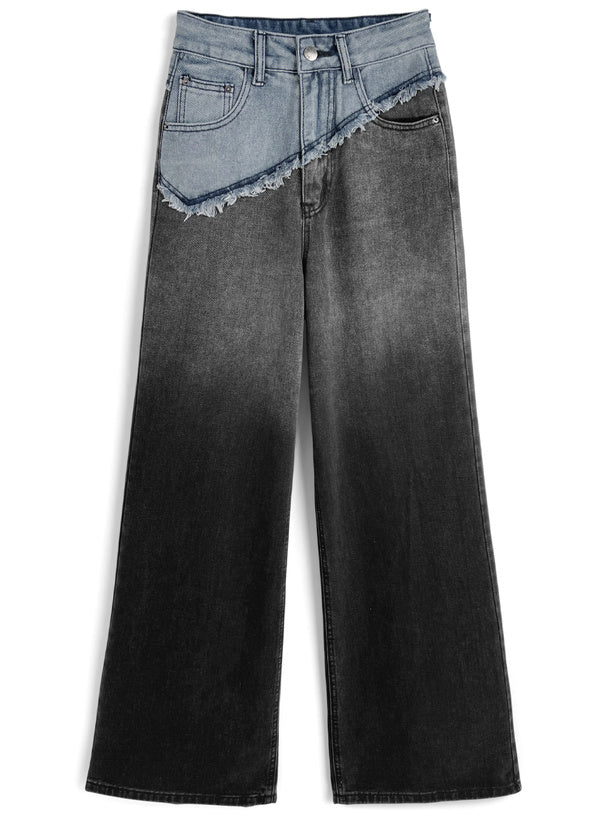 日本直送 [現貨] 拼色流蘇➕漸變色牛仔寬腳褲 (藍拼黑)