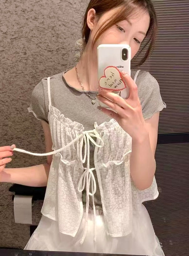 日本直送 [預購] 一套2件 ⇉ 碎花蝴蝶౨ৎ 背心➕Ruffle領口上衣