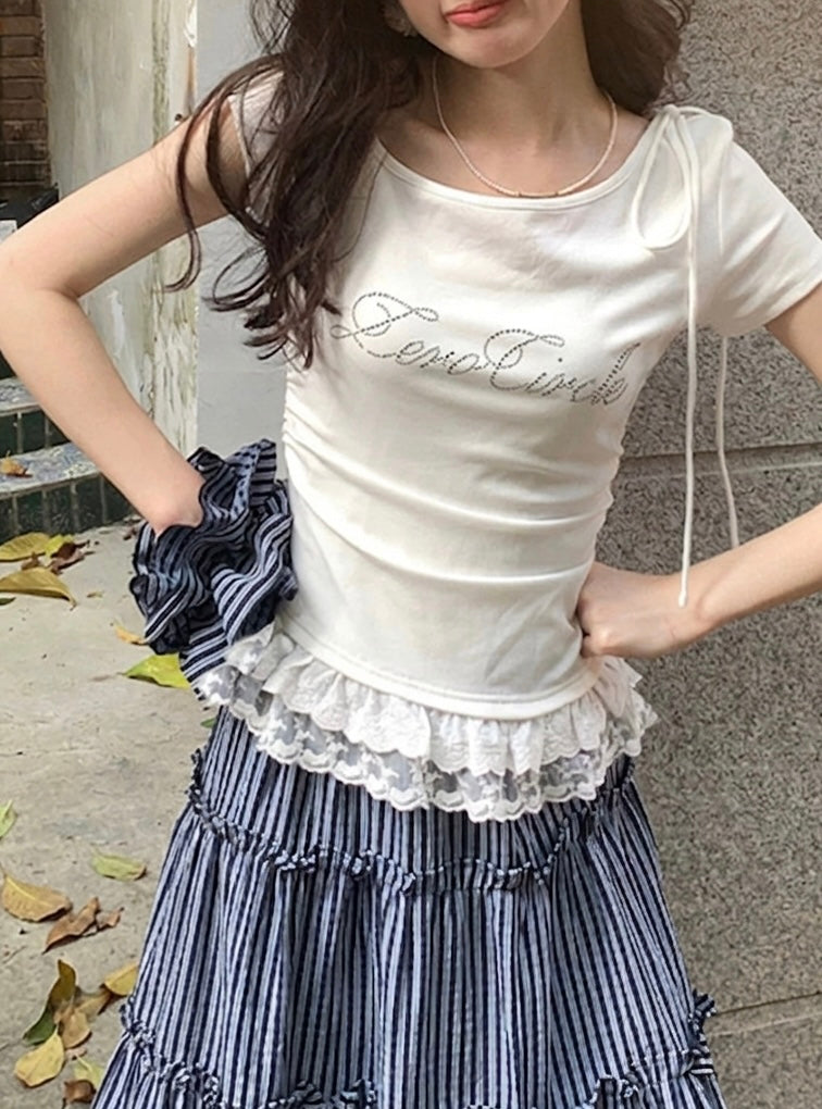 日本直送 [預購] 領口綁帶౨ৎ下擺蕾絲ruffle拼接棉料上衣 ◍ 3色入