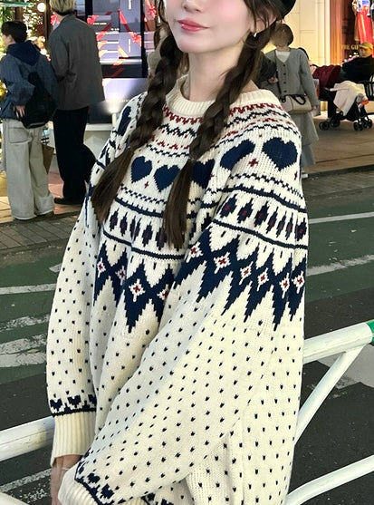 日本直送 [預購] 民族拼心心圖案·針織🧶毛衣 ◍ 3色入
