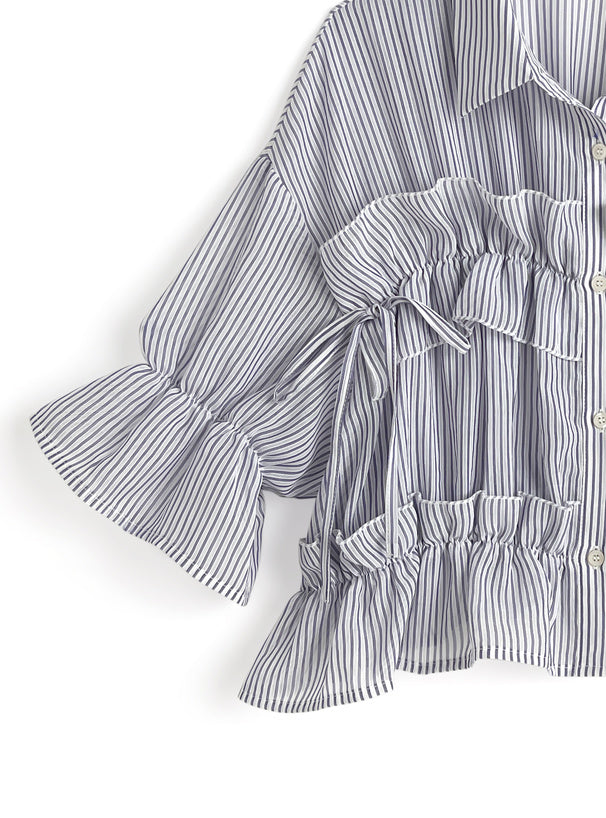 日本直送 [預購] 輕·透·間條皺褶౨ৎ上衣 (深藍)