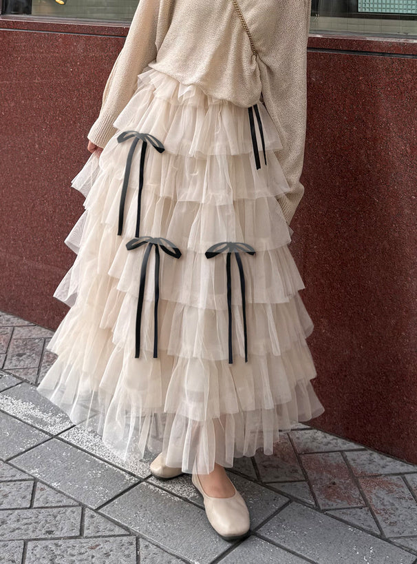 日本直送 [預購] 蝴蝶結౨ৎ紗紗蛋糕長裙 (米白 アイボリー)