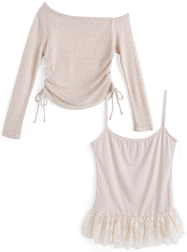 日本直送 [預購 - 日本4月上旬發貨] 一套2件setup ⇉ 側抽繩౨ৎ露肩針織上衣➕蕾絲背心 ◍ 4色入