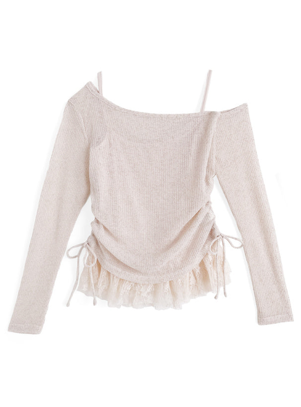 日本直送 [預購 - 日本4月上旬發貨] 一套2件setup ⇉ 側抽繩౨ৎ露肩針織上衣➕蕾絲背心 ◍ 4色入