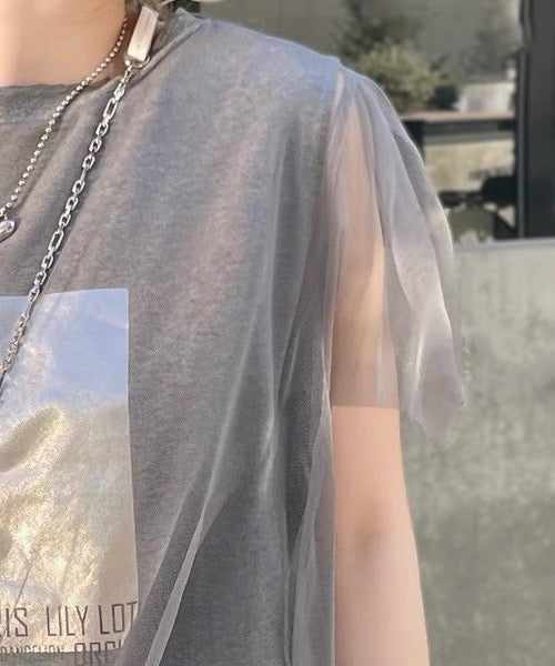 日本直送 [現貨] 扮2件·紗紗拼接棉料上衣 (灰 グレー)