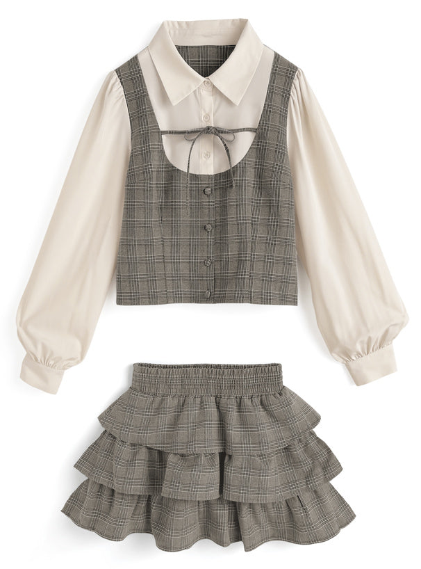 日本直送 [預購] 一套2件setup ⇉ 格仔拼接恤衫➕蛋糕短裙