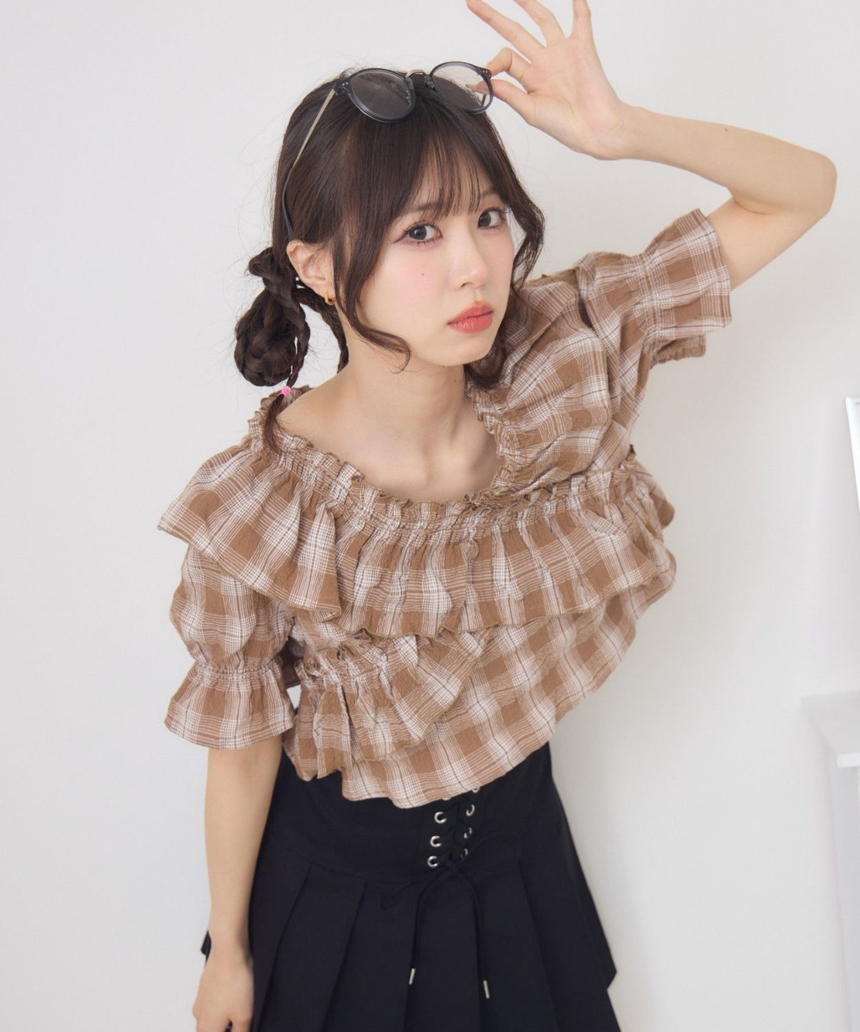 日本直送 [預購] 交叉Ruffle邊格仔上衣 ◍ 2色入