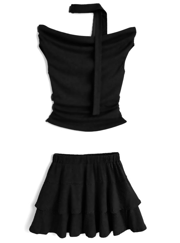 日本直送 [預購] 一套2件 ⇉ 露肩上衣連choker➕Ruffle短裙 ◍ 2色入