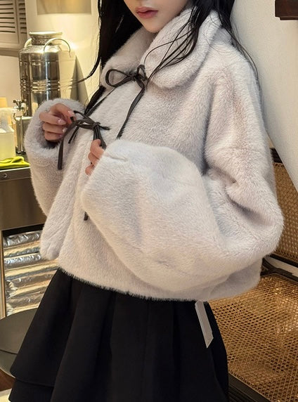 日本直送 [現貨/ 預購] 皮革蝴蝶結౨ৎ毛毛保暖外套 ◍ 3色入