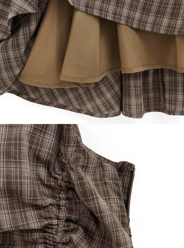 ℍ𝕠𝕥 𝕊𝕒𝕝𝕖 ℂ𝕠𝕞𝕖 𝔹𝕒𝕔𝕜 !! 日本直送 [預購] 格仔·前後抽繩蝴蝶౨ৎ 吊帶裙 (Brown)