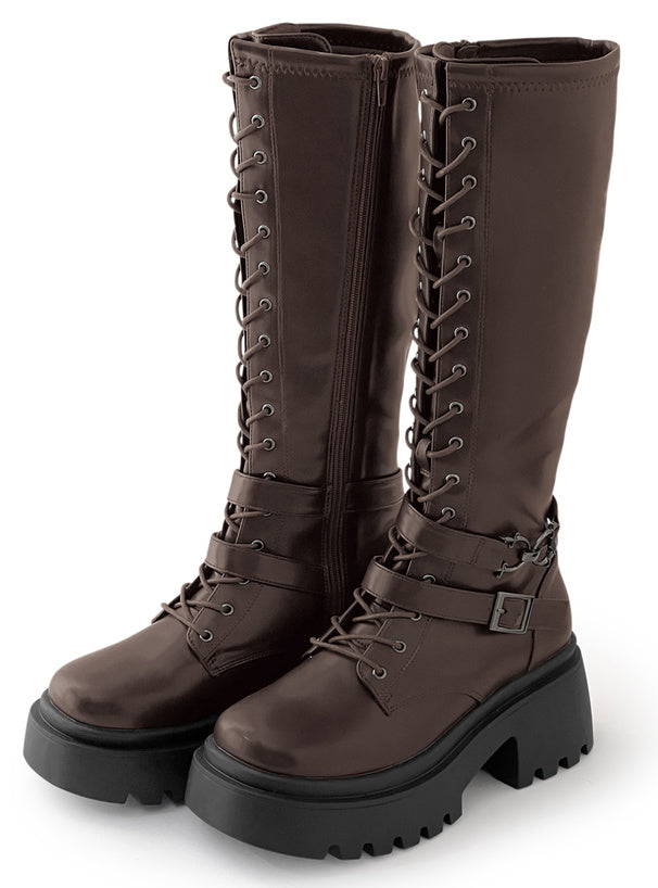 日本直送 [預購] 綁繩·8 CM厚底PU皮長靴 ◍ 3 色入